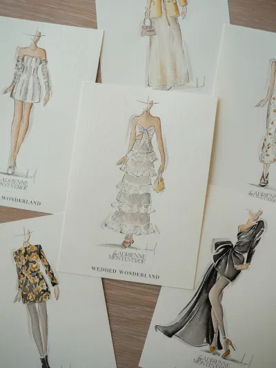 Faceless watercolour fashion sketches of guest outfits on Wedded Wonderland branded cards, by Adrienne Monteverde
