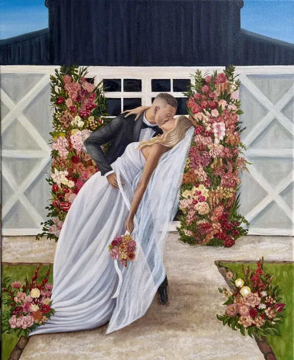 Oil live wedding painting of a groom dipping his bride between floral columns outside a white barn, by AJ Wedding Paintings