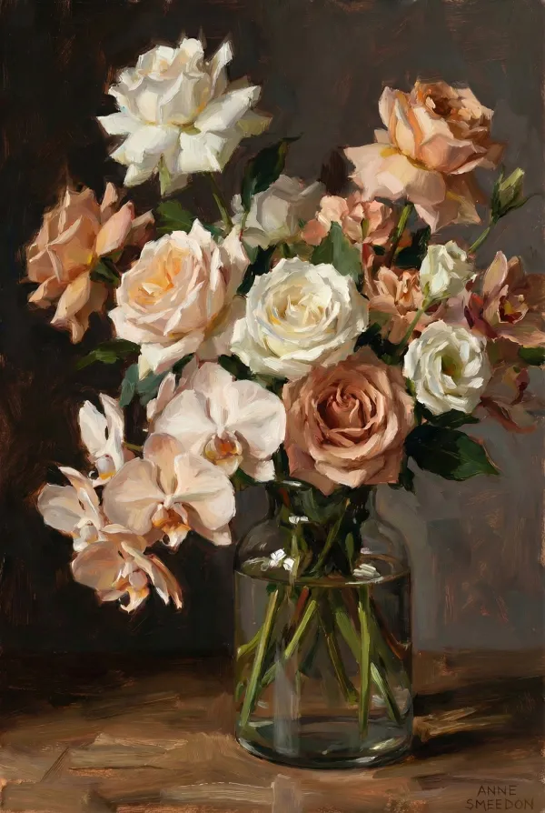 Oil painting of a bouquet of roses and orchids in a glass vase by Anne Smerdon