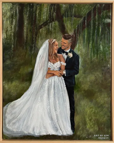 Acrylic live wedding painting of a laughing bride and groom embracing beneath weeping willows, by Art by Sim
