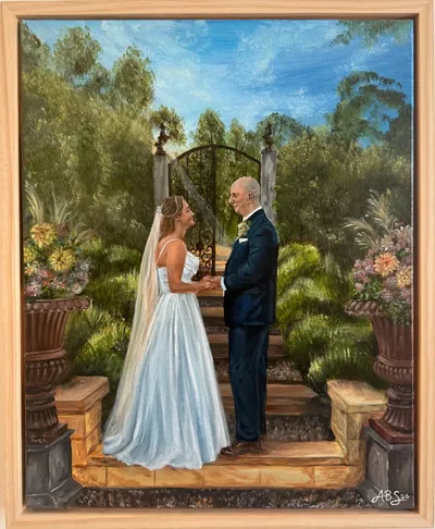 Acrylic live wedding painting of a couple holding hands on garden steps before a wrought-iron gate, by Art by Sim