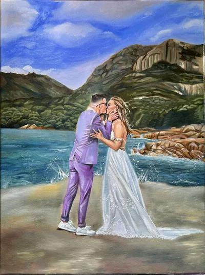 Oil painting of a couple in a lilac suit and white gown kissing on a beach below granite mountains, by Brandi Salmon Art