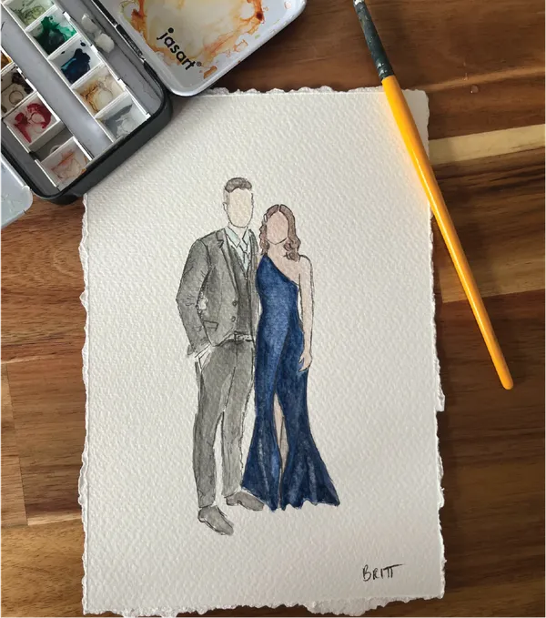 Faceless watercolour portrait of a guest couple in a grey suit and navy gown on deckled paper, by Britt Shoo Art