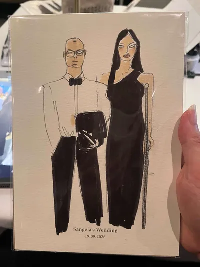 Marker live guest illustration of a couple in black formalwear at a wedding aboard Starship Sydney, by Christine Pan