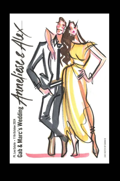 Live ink and marker fashion sketch of two wedding guests on a Point Leo Estate wedding card by Live Sketch by Danni B