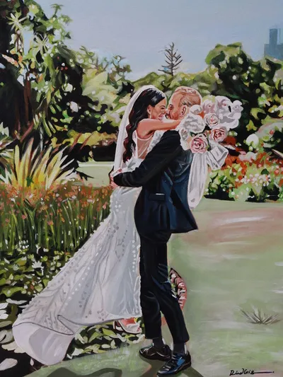 Live acrylic wedding painting of a couple embracing in a flower-filled garden by Dina Gris Studio