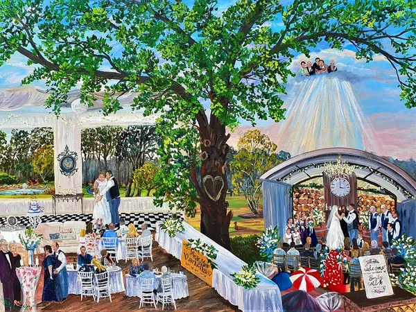Colourful storybook-style wedding painting on canvas of the ceremony, first dance and guests beneath a tree, by Donna Gibb