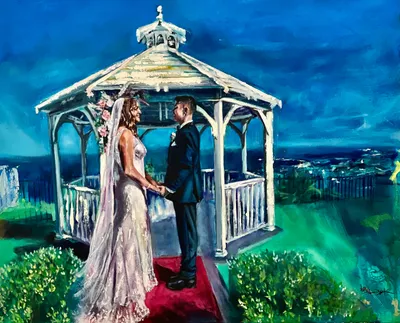 Live oil and mixed media painting of a bride and groom holding hands under a white seaside gazebo by Izabela Sajdok