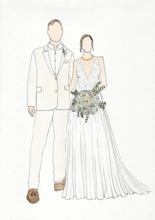 Watercolour illustration of a bride with a white rose and greenery bouquet and a groom in a cream suit by Rebecca Olson