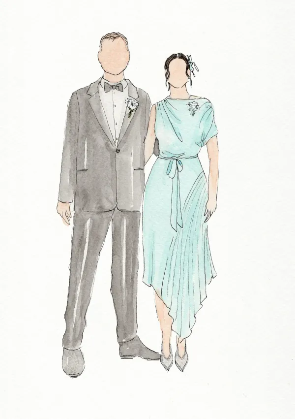 Watercolour guest illustration of a man in a grey suit and a woman in a mint draped dress by Rebecca Olson