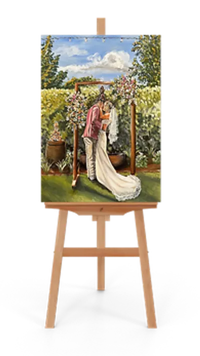 Acrylic wedding painting on an easel of a couple kissing under a floral arbour in a vineyard, by Art By Grace