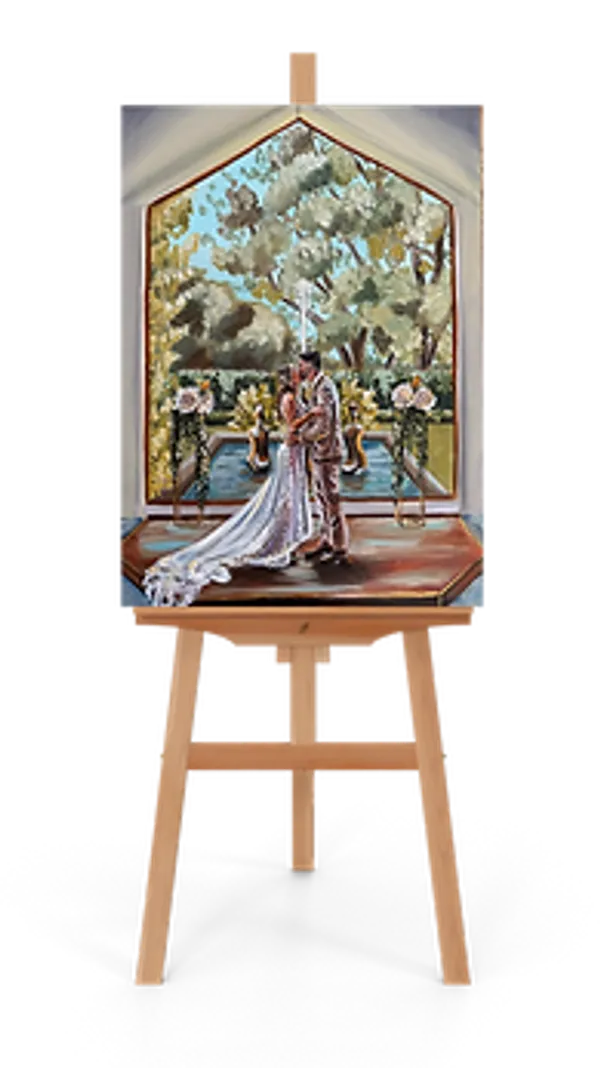 Acrylic wedding painting on an easel of a couple kissing before a gabled window with garden views, by Art By Grace