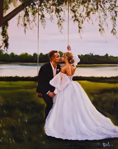 Oil painting of a bride and groom kissing beside a rope swing under a willow by a lake at dusk, by Hannah Hotinski