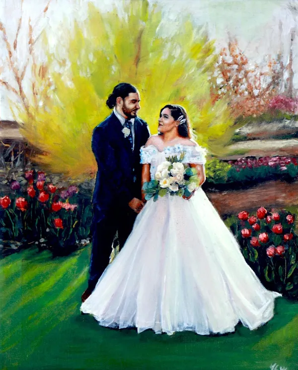 Oil painting of a bride and groom holding hands among red tulips in a sunlit garden, by Hannah Hotinski