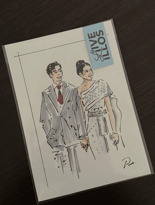 Live ink and marker sketch of a couple in a grey suit and embellished gown in a sleeve by LIVE ILLOS by Ives Wong