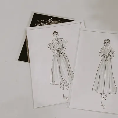 Minimal ink and grey marker sketches of two bridesmaids holding bouquets by LIVE ILLOS by Ives Wong