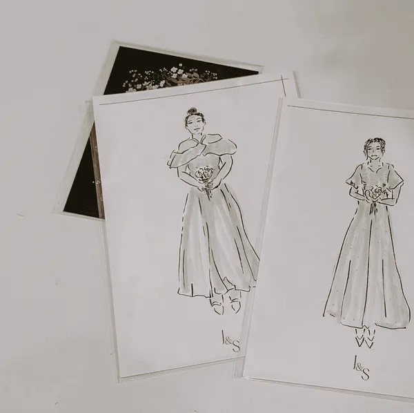 Minimal ink and grey marker sketches of two bridesmaids holding bouquets by LIVE ILLOS by Ives Wong