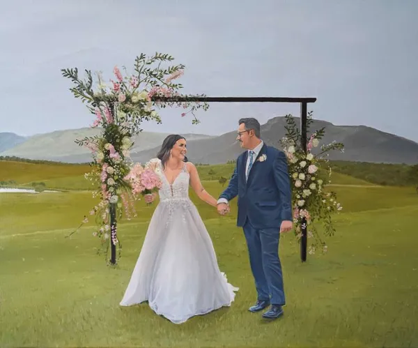 Oil wedding painting of a bride and groom holding hands under a floral arbour with green hills behind, by Joselle Reyes