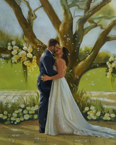 Oil painting of a couple kissing beneath a large tree with white roses and falling petals, by KT Live Wedding Painter