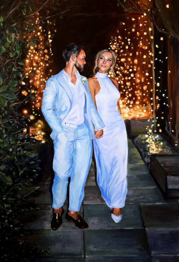 Wedding oil painting of a couple in white walking hand in hand under fairy lights at night by Katina Croft
