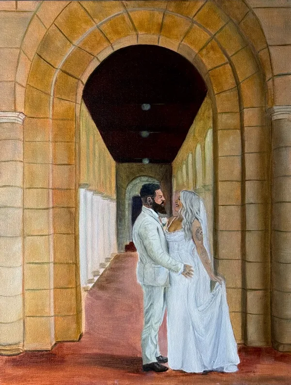 Oil painting of a bride and groom embracing in a sandstone arched colonnade, by The Live Wedding Artist