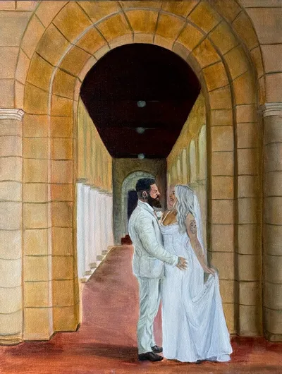 Oil painting of a bride and groom embracing in a sandstone arched colonnade, by The Live Wedding Artist