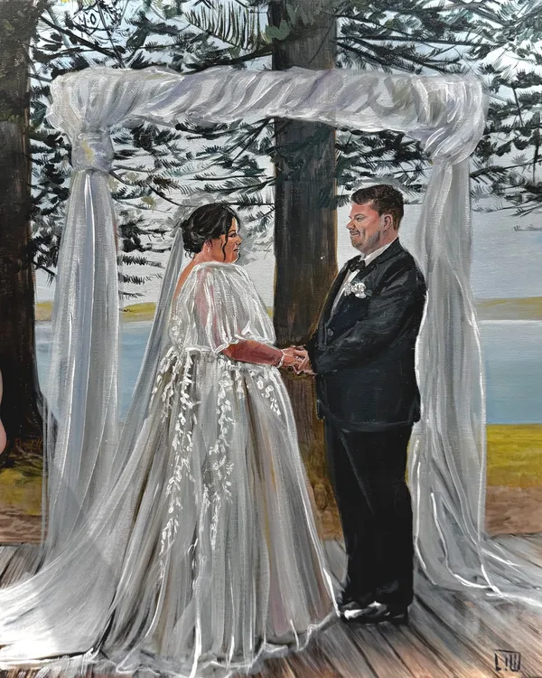 Acrylic live wedding painting of a couple exchanging vows under a draped arbour by pine trees and water, by Lauren I Ward