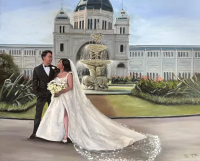Live oil wedding painting of a couple at the Royal Exhibition Building fountain by David Clark of Layers of Love