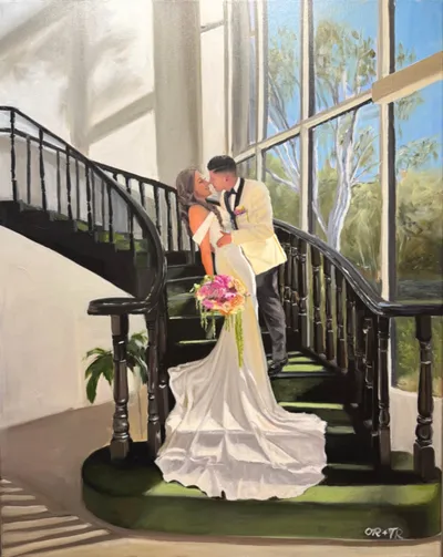 Live oil wedding painting of a couple kissing on a curved staircase at Trawool Estate by David Clark of Layers of Love