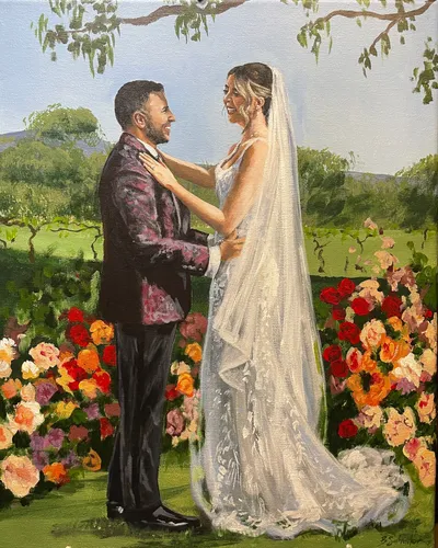 Live wedding painting of a bride and groom embracing before vivid flower arrangements in a vineyard, by Live Wedding Painting