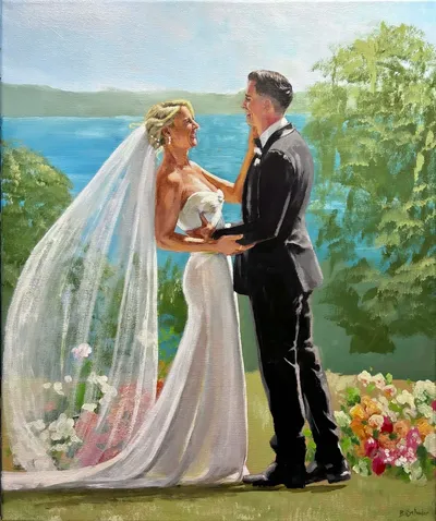 Live wedding painting of a laughing couple with a long flowing veil above blue water and greenery, by Live Wedding Painting