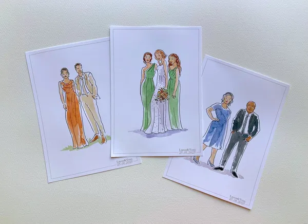 Hand-drawn ink and colour wedding guest portraits of a bride with bridesmaids and two couples by Megan Herbert