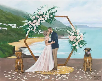Acrylic painting of a couple kissing under a floral hexagon arbour on a coastal clifftop with dogs, by Michelle Angelique Art