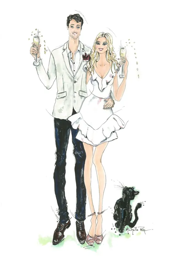 Watercolour and ink fashion illustration of a couple toasting champagne beside a black cat, by Michelle Pike Illustration