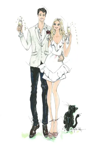 Watercolour and ink fashion illustration of a couple toasting champagne beside a black cat, by Michelle Pike Illustration