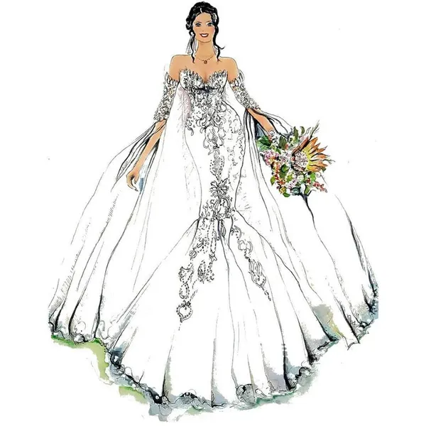 Watercolour and ink fashion illustration of a bride in a lace gown with a native bouquet, by Michelle Pike Illustration