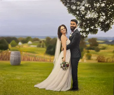Realistic oil wedding painting of a bride and groom embracing on a lawn above vineyards and rolling hills, by Mina Lee