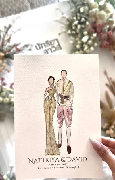 Watercolour sketch of a couple in traditional Thai wedding attire at The House on Sathorn, W Bangkok, by Navia Mae Studio