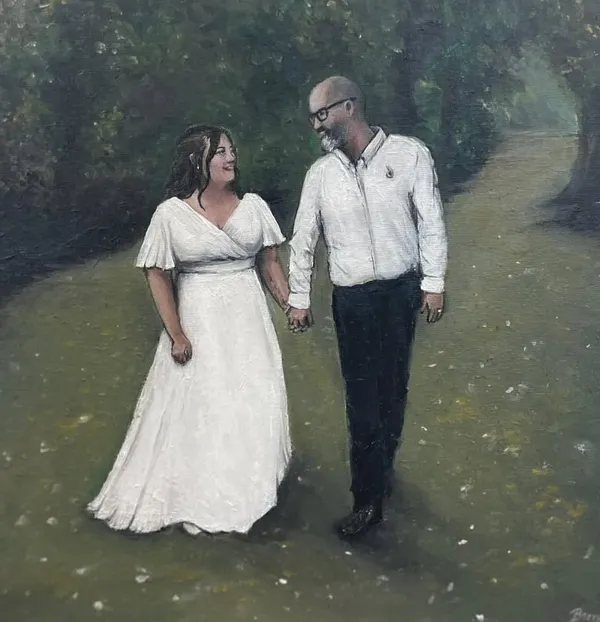Live acrylic wedding painting of a couple walking hand in hand along a leafy tree-lined path by Sarah Berry
