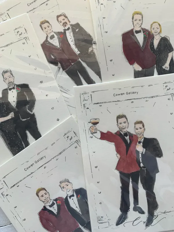 Ink and watercolour guest portraits of men in tuxedos on Cowen Gallery wedding cards by Studio Heidi