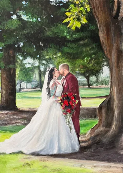 Painting of a bride and groom kissing in dappled shade beneath large trees in a park, by Tamlyn Jade Art
