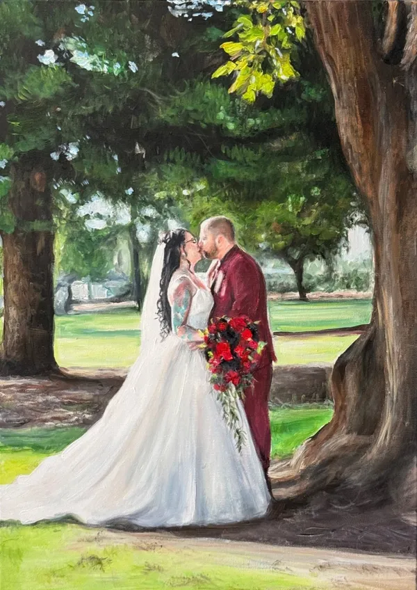 Painting of a bride and groom kissing in dappled shade beneath large trees in a park, by Tamlyn Jade Art