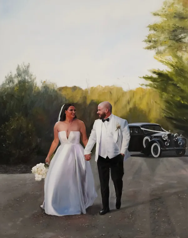 Photorealistic live oil wedding painting of a couple walking hand in hand beside a vintage car by Rebekka Lord-Johnson