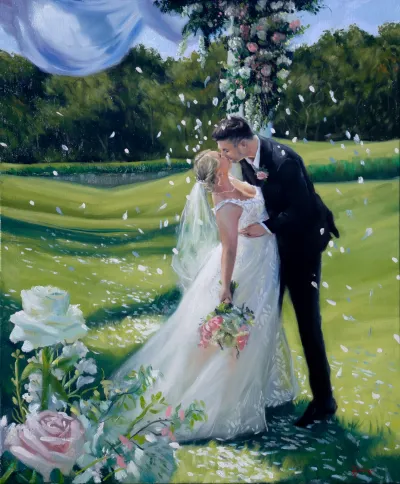 Oil painting of a bride and groom kissing in a garden under falling petals, with white roses in front, by Zac Hampson